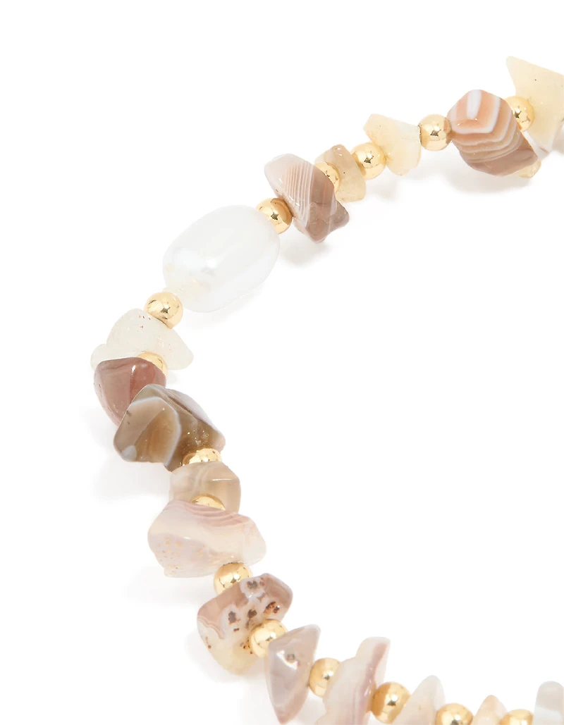 Gold Plated Mixed Semi Precious Stone & Pearl Stretch Bracelet