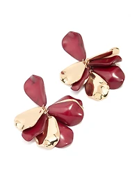 Gold & Dark Red Petal Drop Earrings