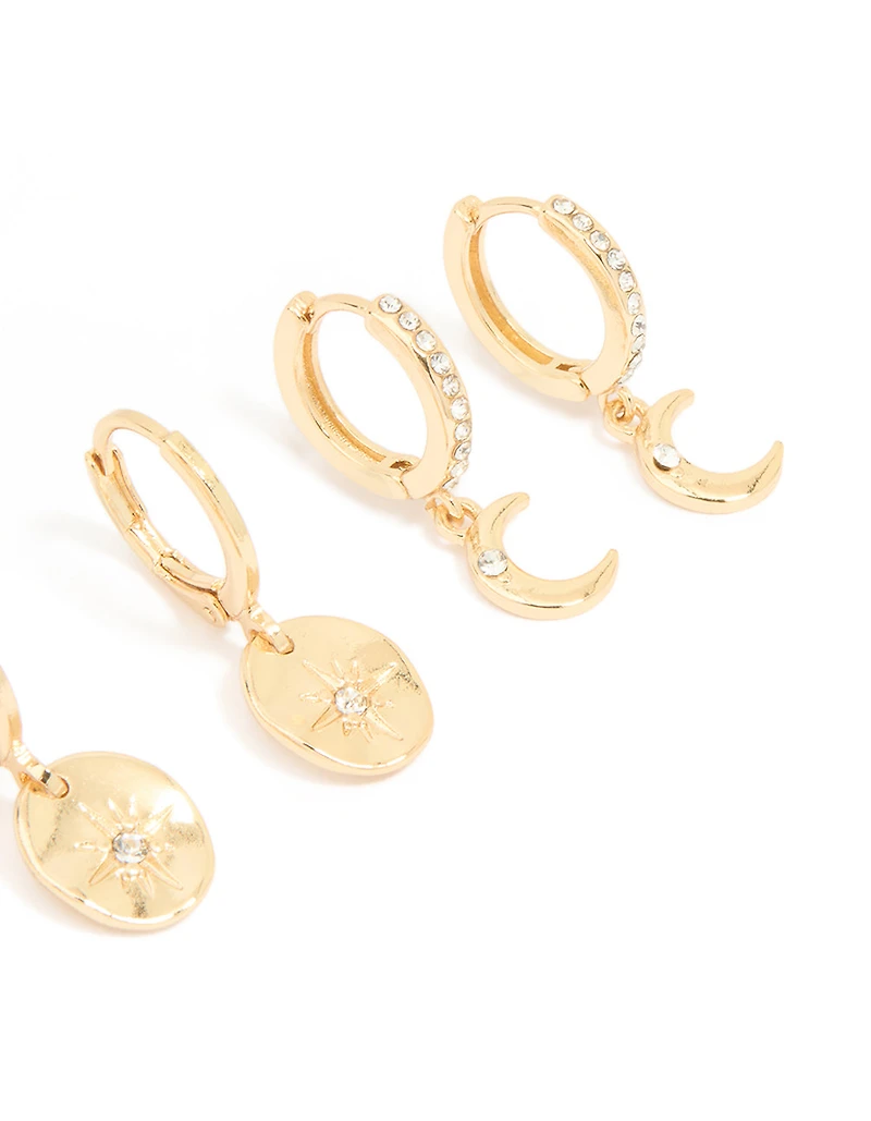 Gold Plated Diamante Celestial Huggie Earrings 3-Pack