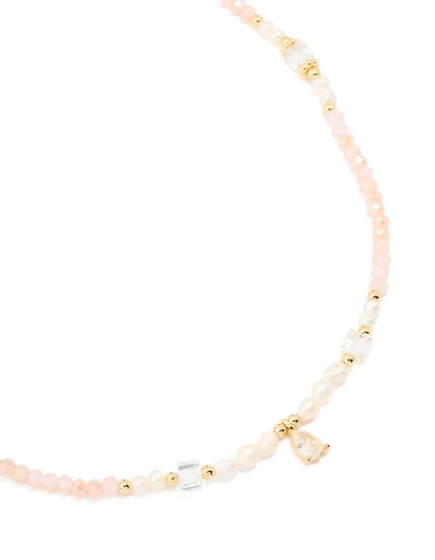 Gold Plated Rose Quartz Freshwater Pearl Cubic Zirconia Beaded Necklace