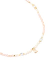 Gold Plated Rose Quartz Freshwater Pearl Cubic Zirconia Beaded Necklace