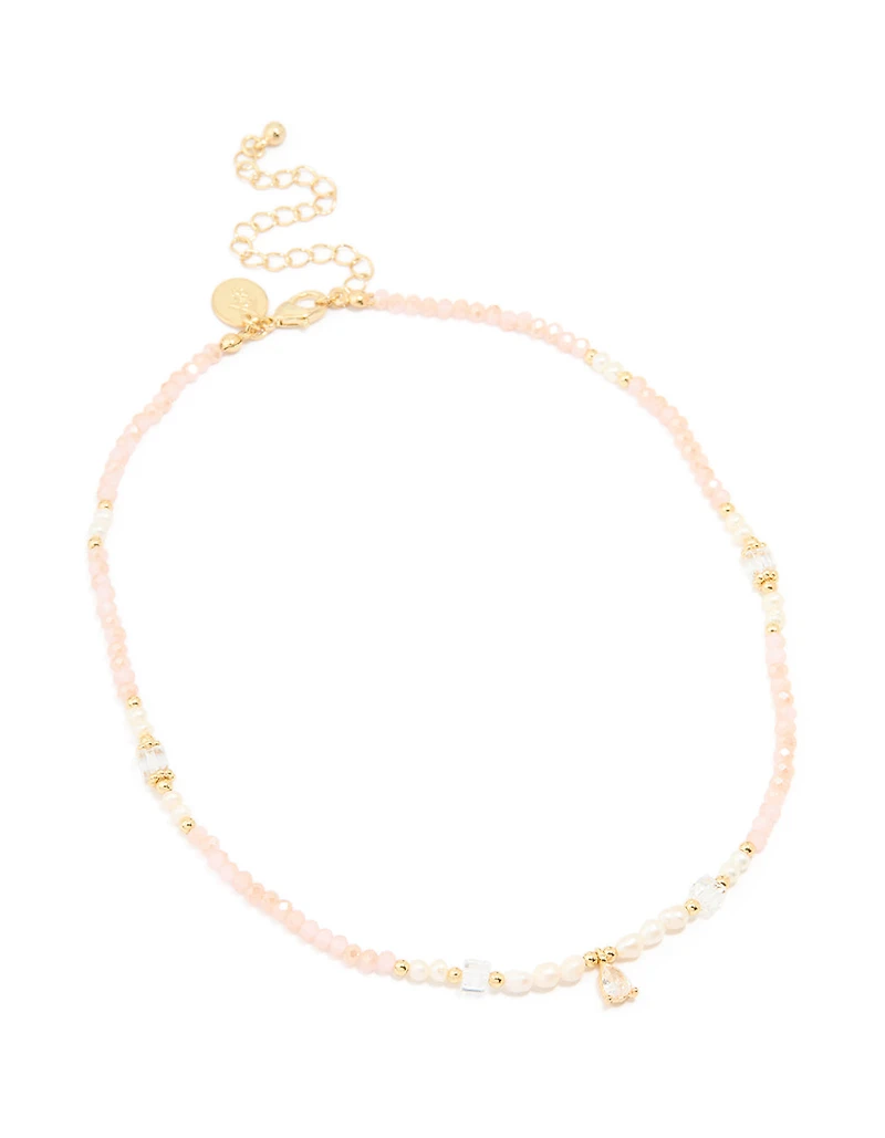 Gold Plated Rose Quartz Freshwater Pearl Cubic Zirconia Beaded Necklace