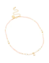 Gold Plated Rose Quartz Freshwater Pearl Cubic Zirconia Beaded Necklace