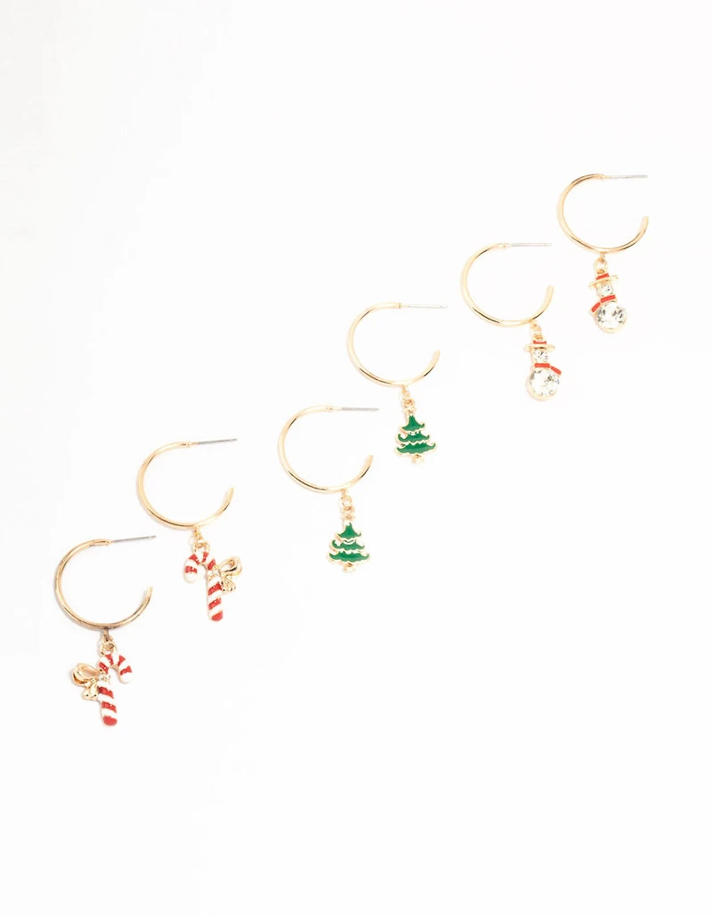Gold Diamante Snow men & Candy Cane Hoop Charm Earrings 3-Pack