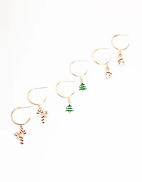Gold Diamante Snow men & Candy Cane Hoop Charm Earrings 3-Pack