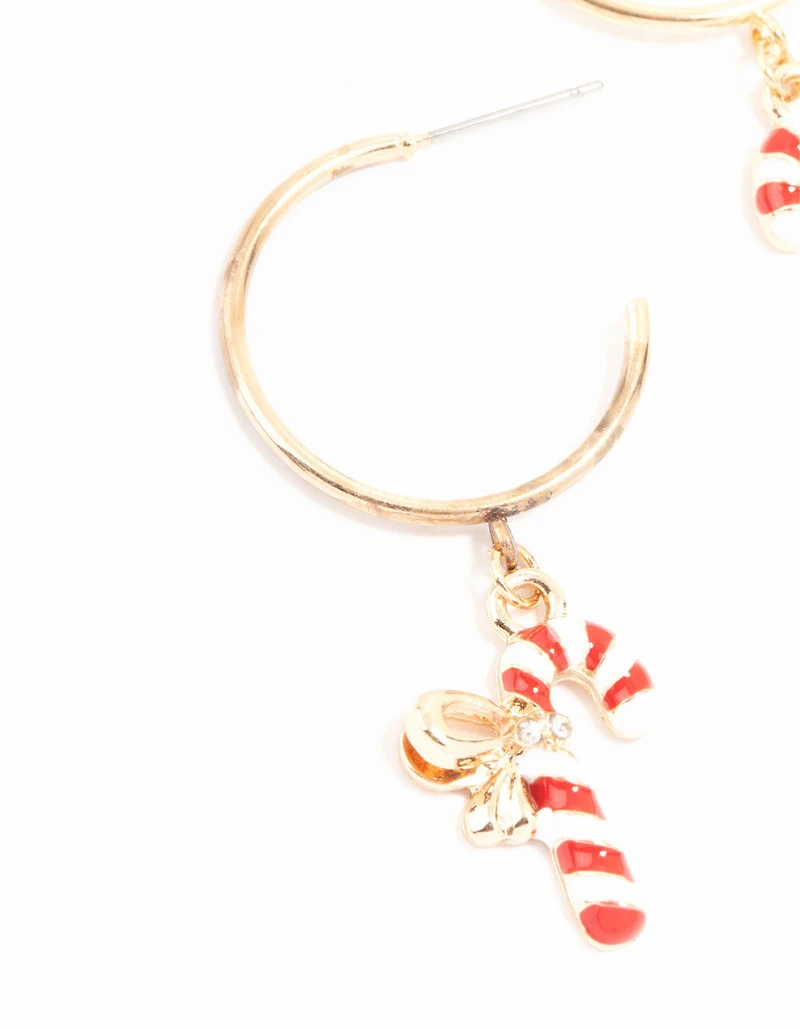 Gold Diamante Snow men & Candy Cane Hoop Charm Earrings 3-Pack