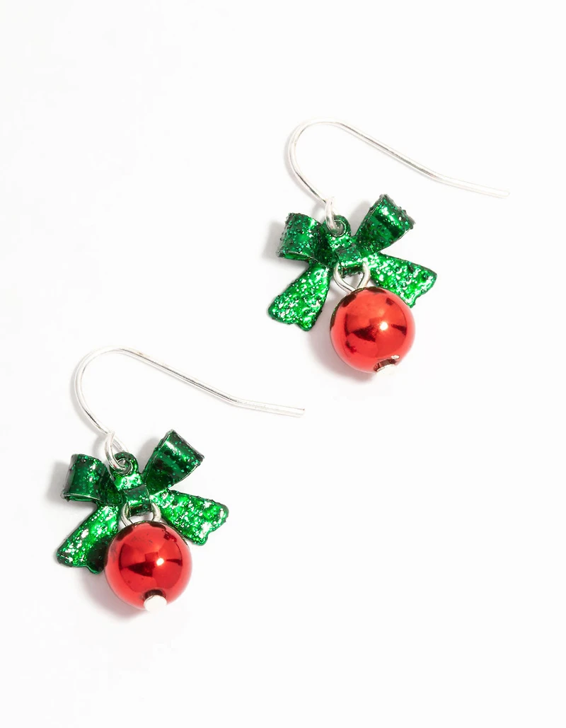 Boucles d’oreilles Silver Green Bow & Red Bell Drop
