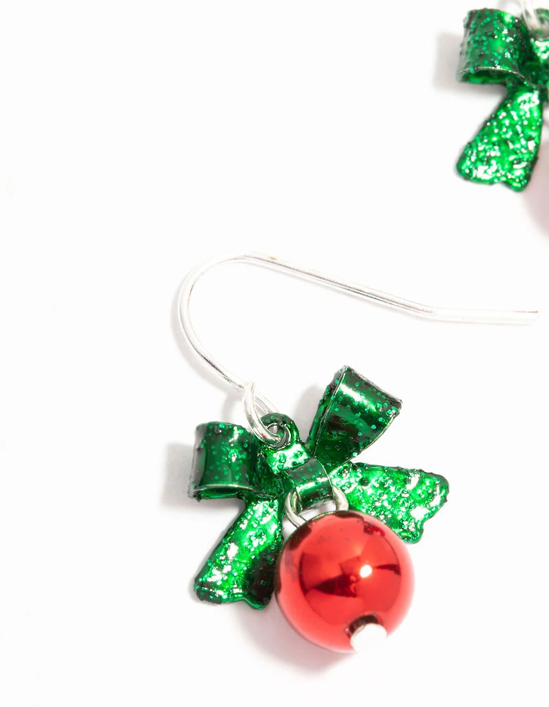 Boucles d’oreilles Silver Green Bow & Red Bell Drop