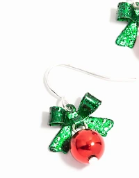 Boucles d’oreilles Silver Green Bow & Red Bell Drop