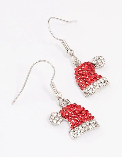 Silver Red Diamante Santa Hat Earrings