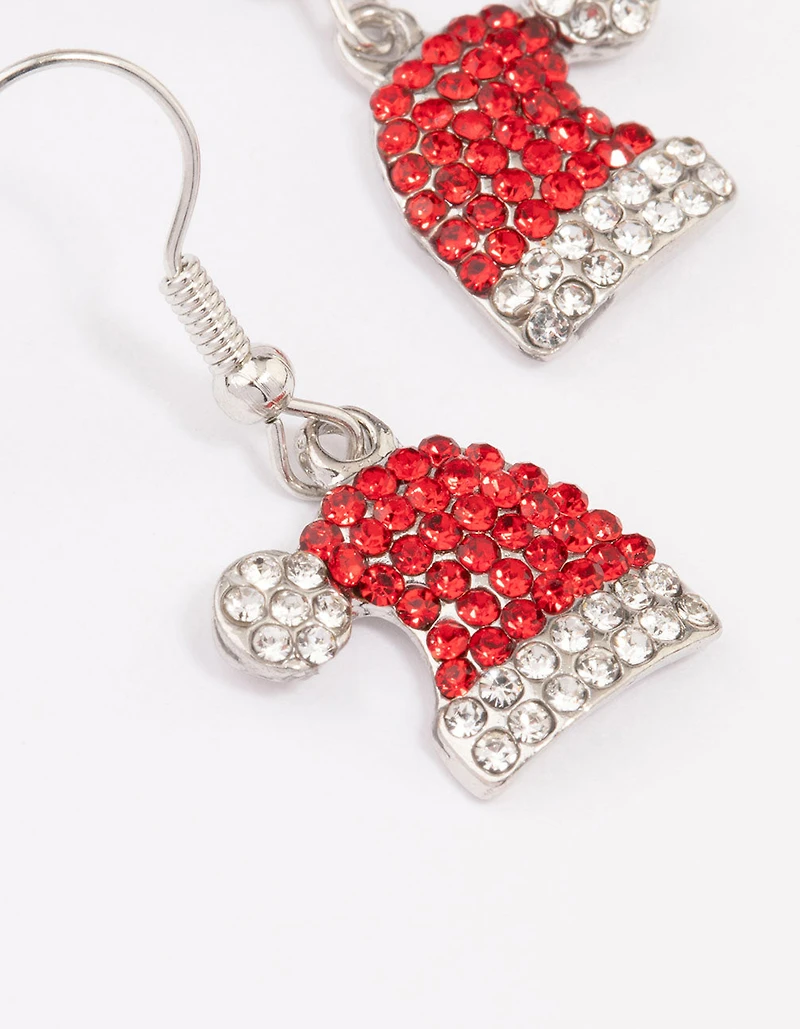 Boucles d’oreilles en forme de chapeau de Père Noël en diamant argenté rouge