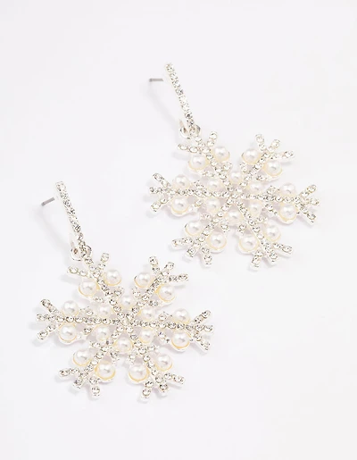 Silver Pearl Diamante Snowflake Earrings