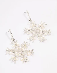 Silver Pearl Diamante Snowflake Earrings
