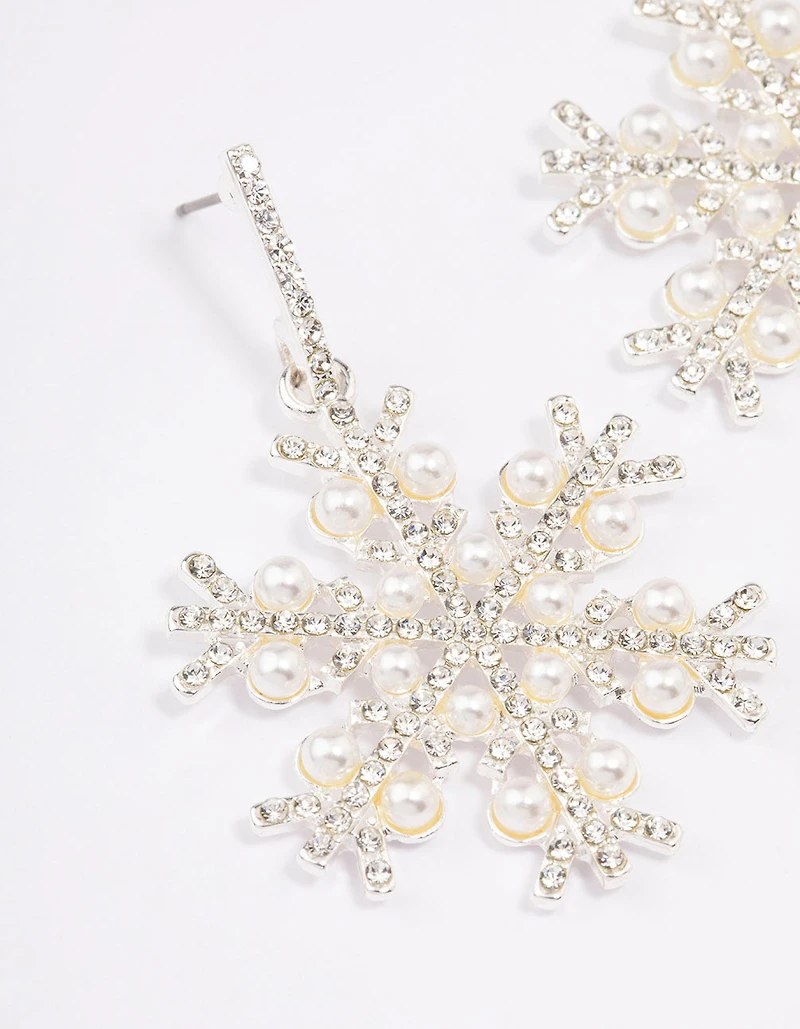 Silver Pearl Diamante Snowflake Earrings