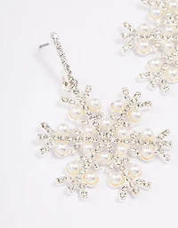 Silver Pearl Diamante Snowflake Earrings