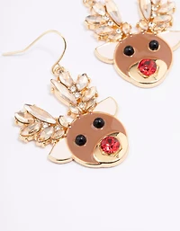Gold Diamante Red Nosed Reindeer Drop Earrings