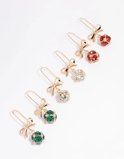 Nœud doré & boucles d’oreilles pendantes multicolores en diamants en pack de 3