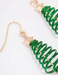 Gold Green Spiral Festive Tree Drop Earrings