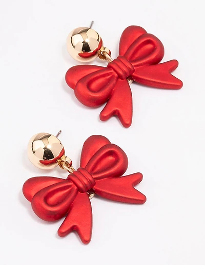 Gold Red Pearlised Bow Earrings
