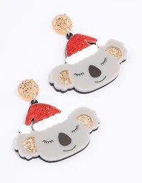 Grey Acrylic Koala With Santa Hat Drop Earrings