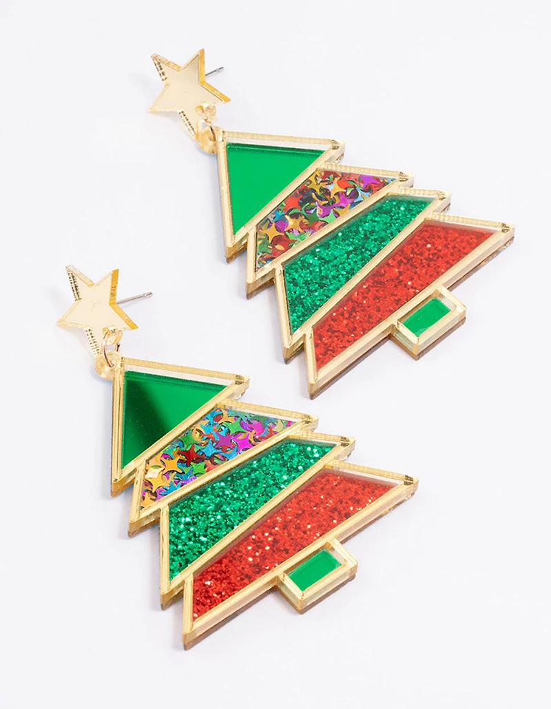 Gold Red & Green Acrylic Festive Tree With A Star Drop Earrings