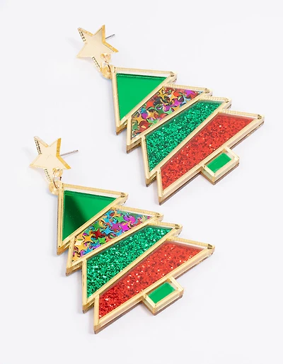 Gold Red & Green Acrylic Festive Tree With A Star Drop Earrings