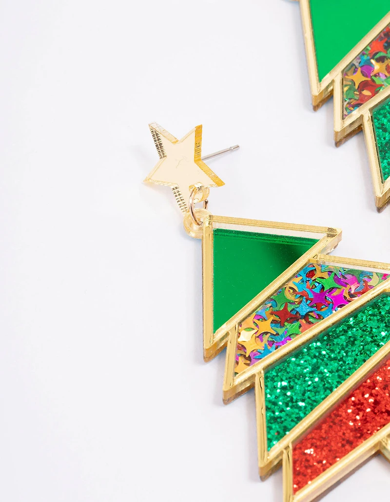 Gold Red & Green Acrylic Festive Tree With A Star Drop Earrings