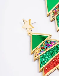 Gold Red & Green Acrylic Festive Tree With A Star Drop Earrings