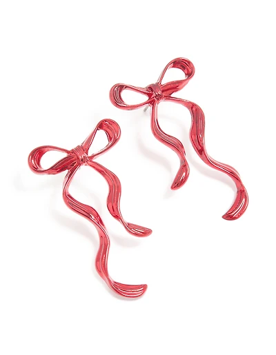 Red Coated Metal Dangle Bow Stud Earrings