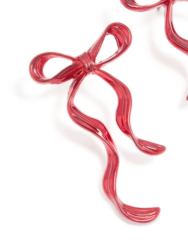 Red Coated Metal Dangle Bow Stud Earrings