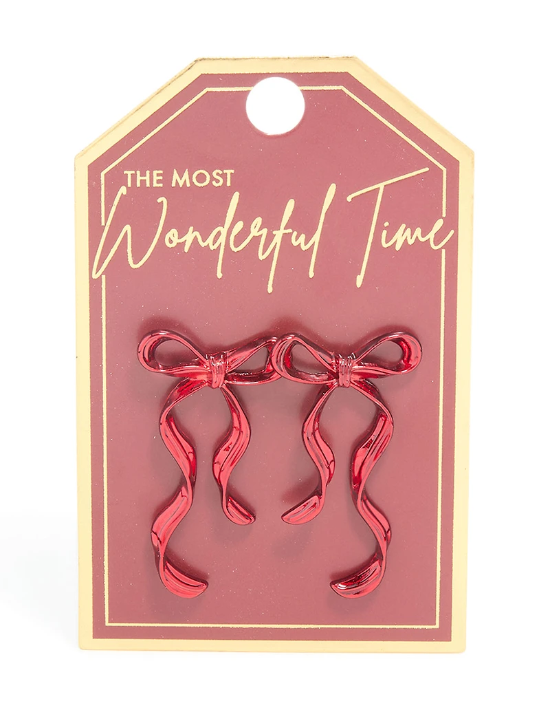 Red Coated Metal Dangle Bow Stud Earrings