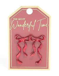 Red Coated Metal Dangle Bow Stud Earrings