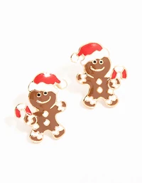 Gold Gingerbread Man With Candy Canes Stud Earrings