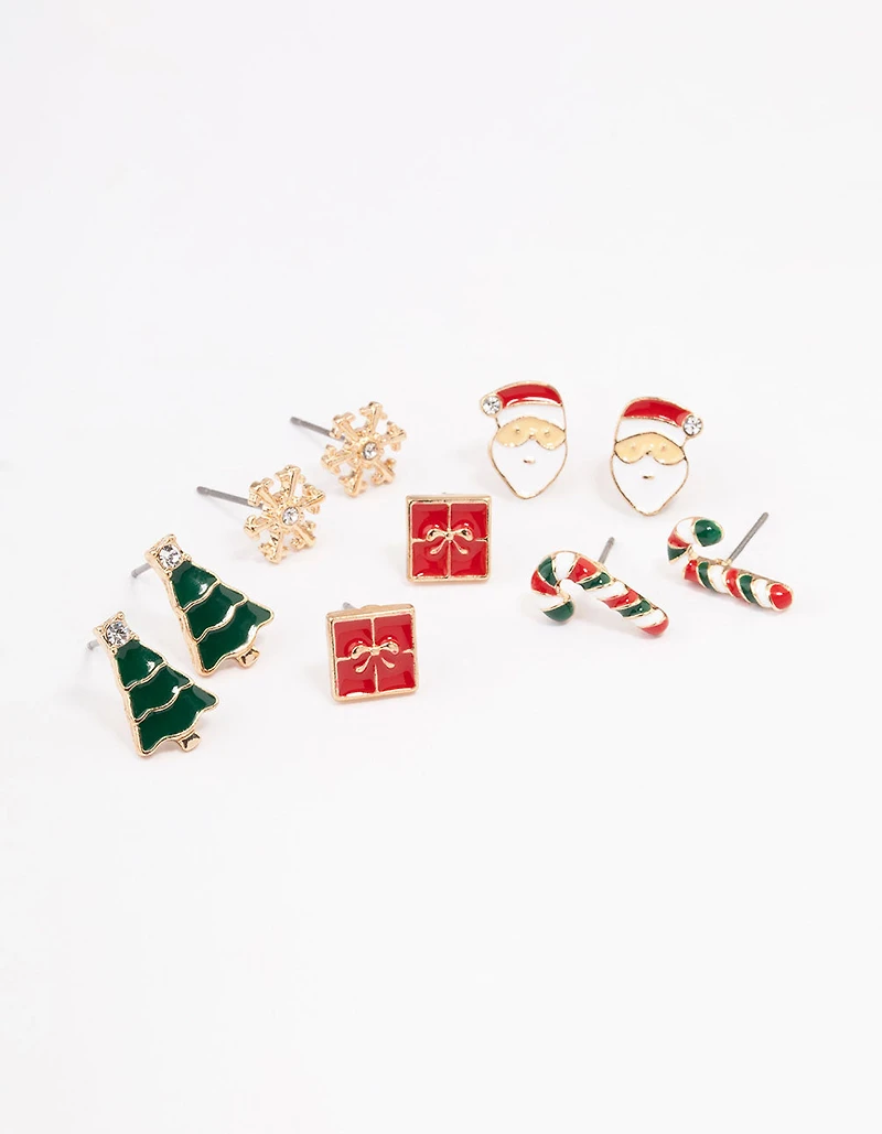 Gold Snowflake & Red Present Earrings 5-Pack