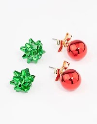 Green Present Bow & Red Bauble Earrings 2 Pack