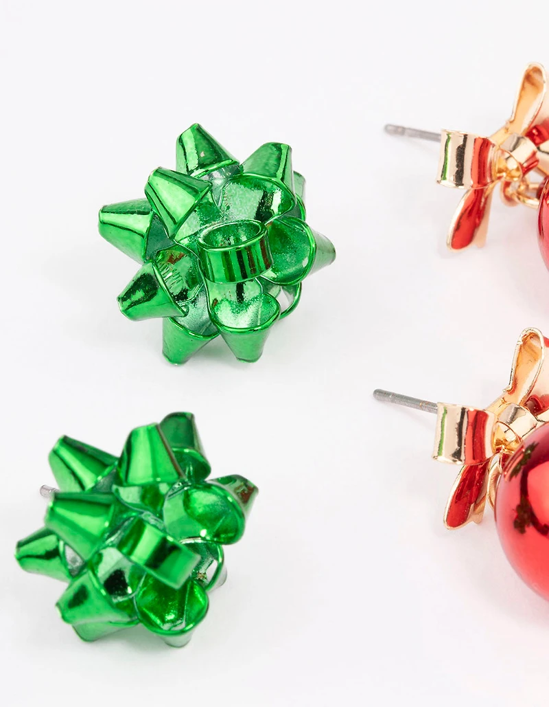Green Present Bow & Red Bauble Earrings 2 Pack