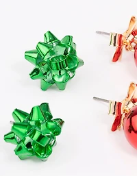 Green Present Bow & Red Bauble Earrings 2 Pack