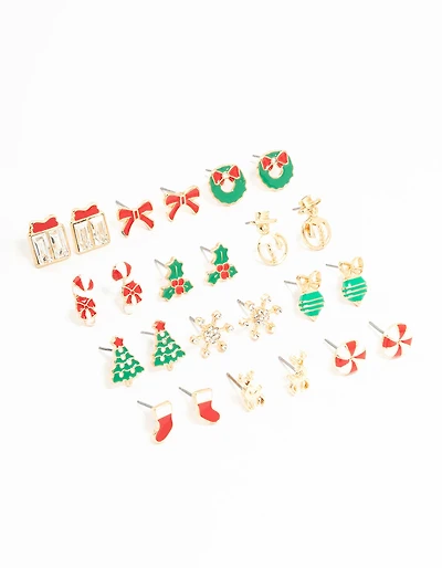 Gold Candy Cane & Bow Earrings 12-Pack