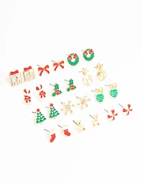 Gold Candy Cane & Bow Earrings 12-Pack