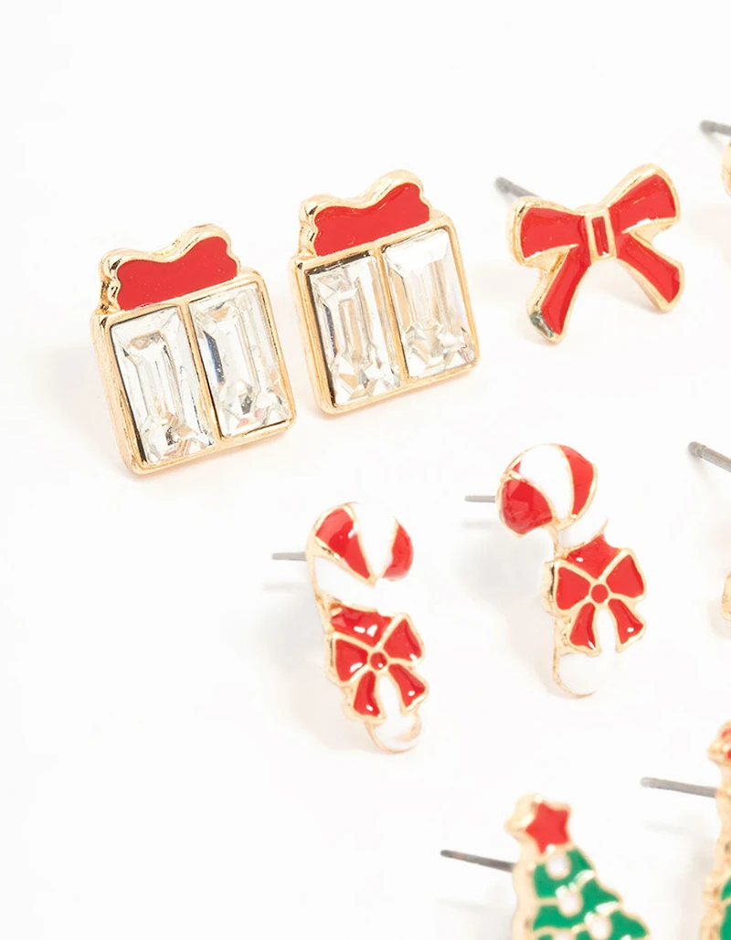 Gold Candy Cane & Bow Earrings 12-Pack