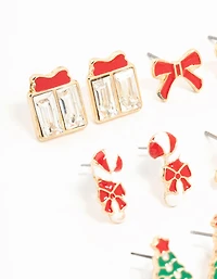 Gold Candy Cane & Bow Earrings 12-Pack