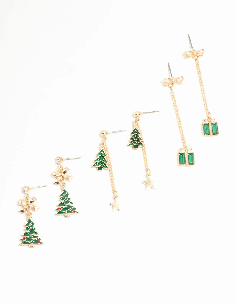 Sapin festif vert or & Diamant vert présent, paquet de 3 boucles d’oreilles tombantes
