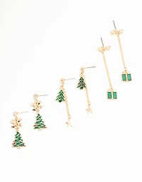 Sapin festif vert or & Diamant vert présent, paquet de 3 boucles d’oreilles tombantes