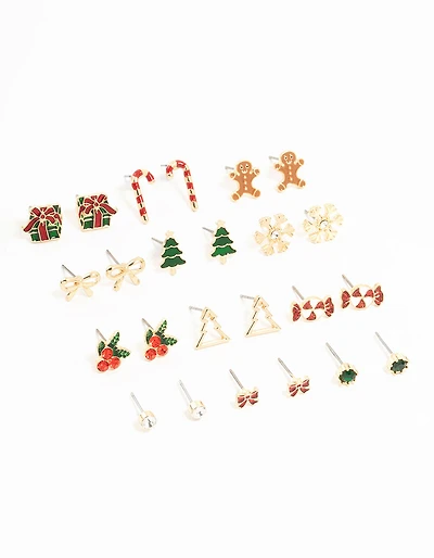 Gold Holly & Candy Cane Stud Earrings 12-Pack