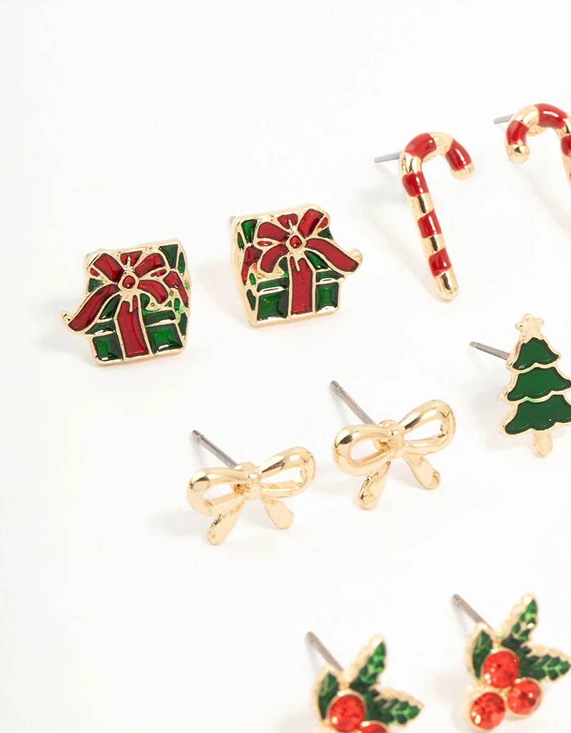 Gold Holly & Candy Cane Stud Earrings 12-Pack