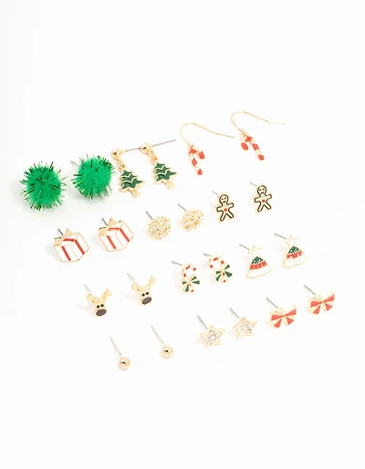 Gold Green Pom Pom & Candy Cane Stud Earrings 12-Pack