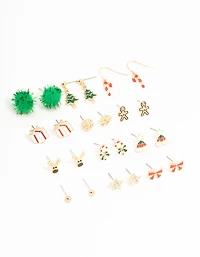 Gold Green Pom Pom & Candy Cane Stud Earrings 12-Pack