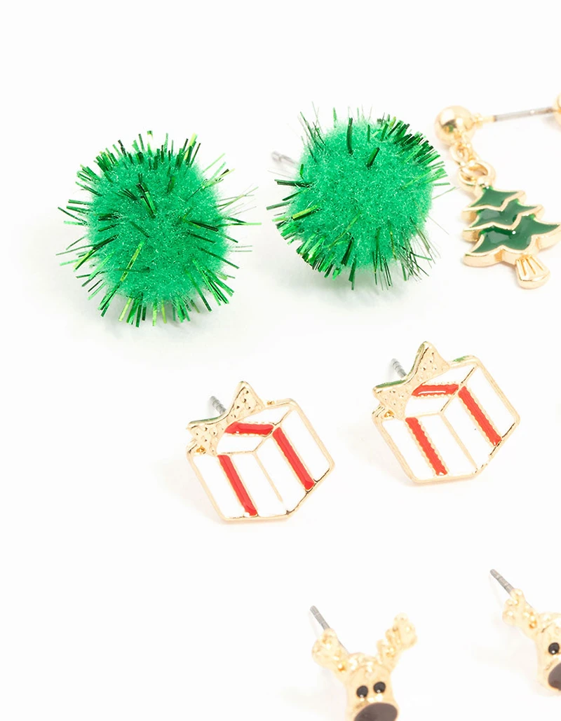 Gold Green Pom Pom & Candy Cane Stud Earrings 12-Pack