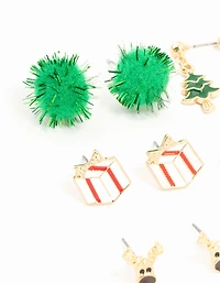 Gold Green Pom Pom & Candy Cane Stud Earrings 12-Pack
