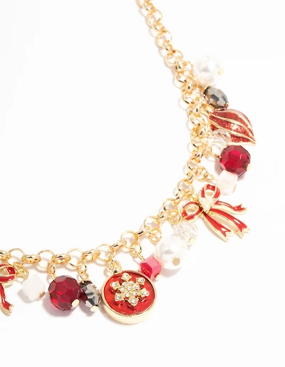 Gold Red Bow & Red Bauble Charm Necklace